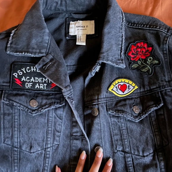 faded black denim jacket with patches from Forever 21 - Picture 2 of 3